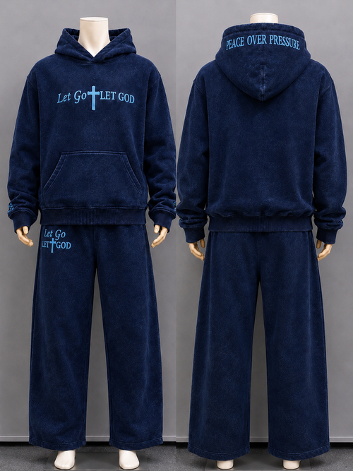 Washed navy blue set with statement embroidered "Let Go Let God" following up with the "Peace Over Pressure".