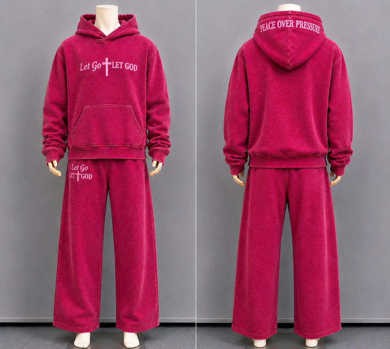 Our washed "Let Go Let God" hot pink set featuring "Peace Over Pressure" on the back.