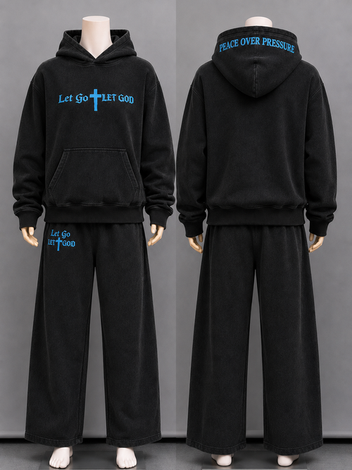 Washed black set with blue fonts statement embroidered "Let Go Let God" following up with the "Peace Over Pressure".