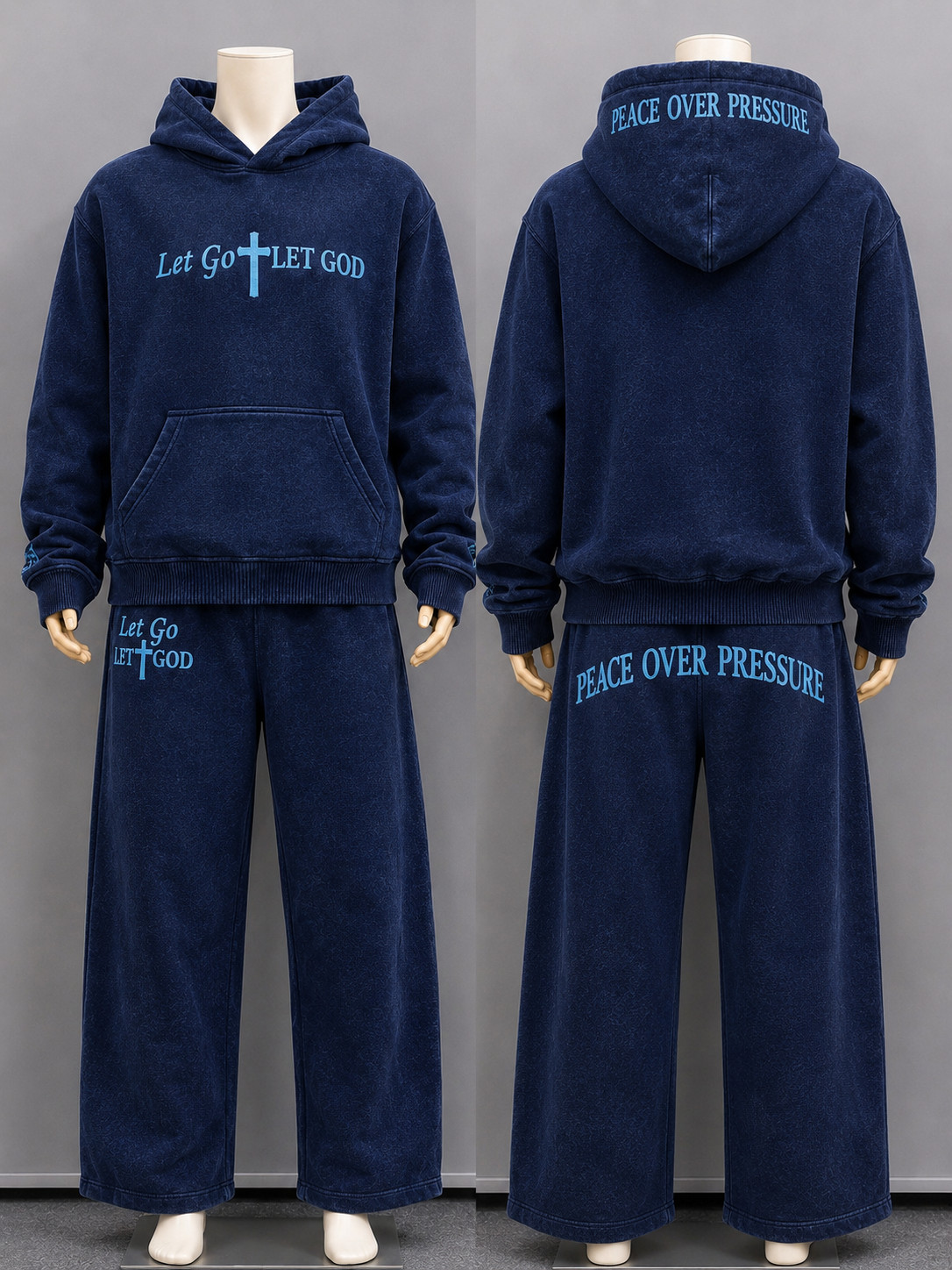 Washed navy blue set with statement embroidered "Let Go Let God" following up with the "Peace Over Pressure".