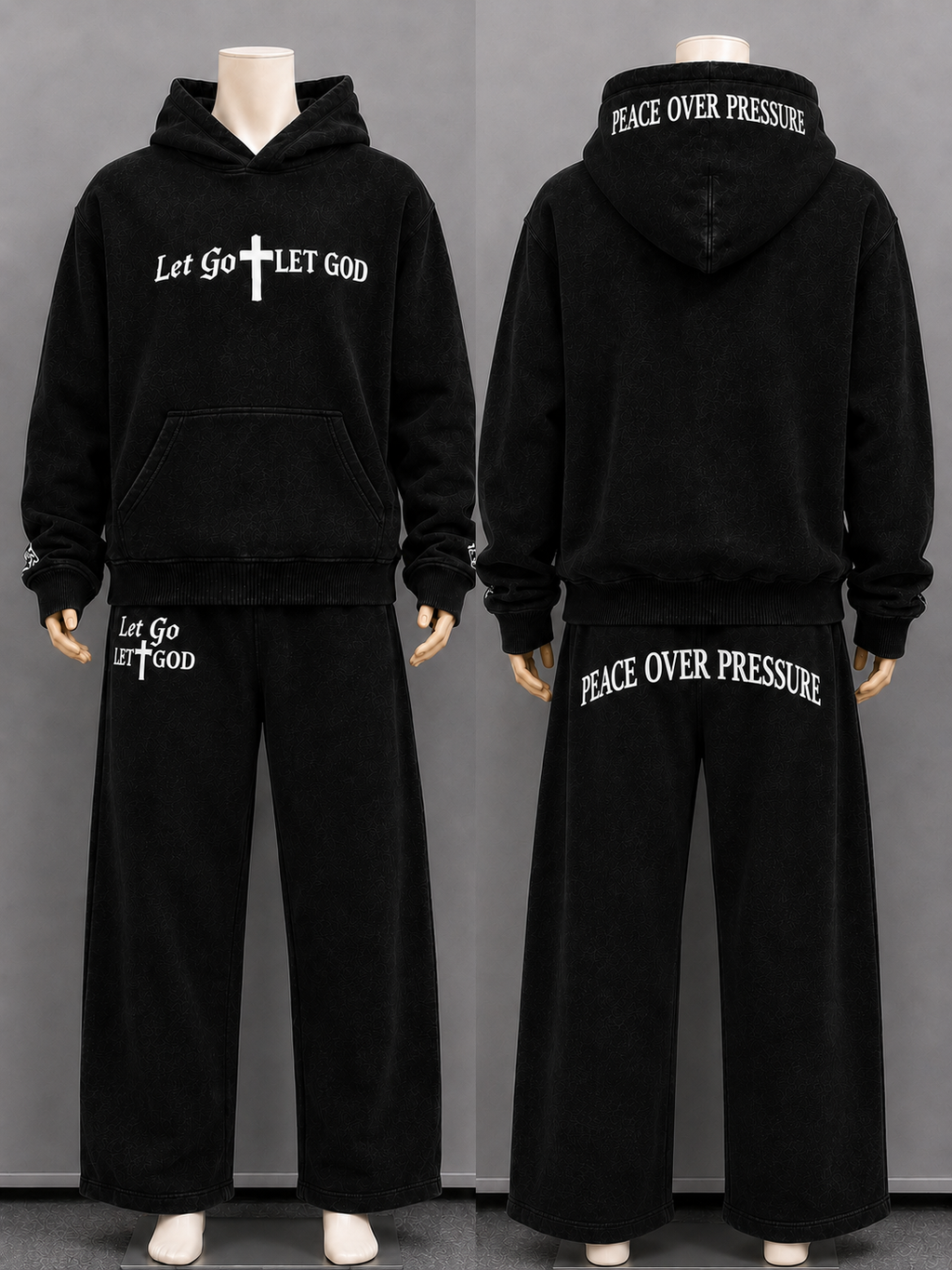 "Let Go Let God" featuring "Peace Over Pressure" black set with white fonts!