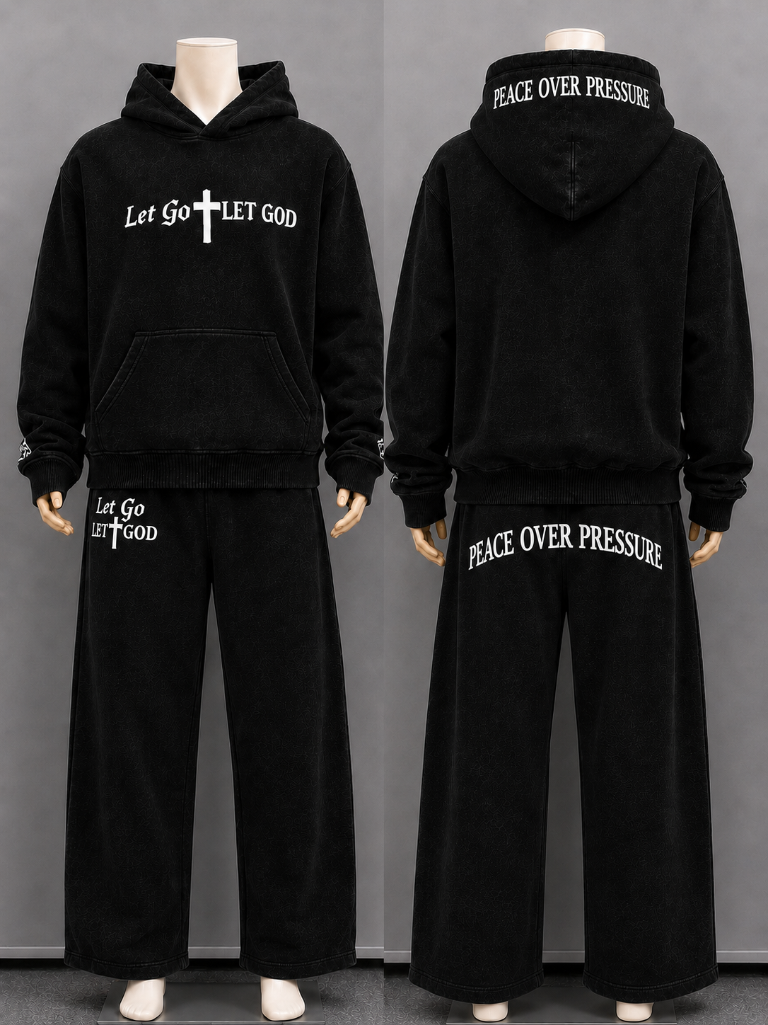 "Let Go Let God" featuring "Peace Over Pressure" black set with white fonts!