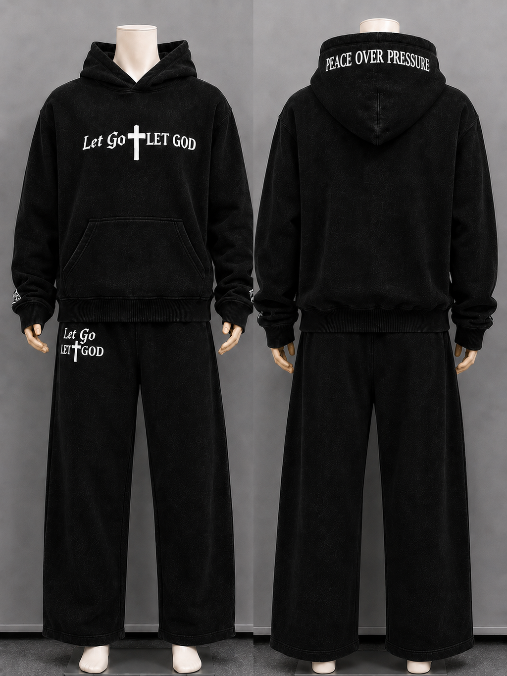 Washed black set with white fonts statement embroidered "Let Go Let God" following up with the "Peace Over Pressure".