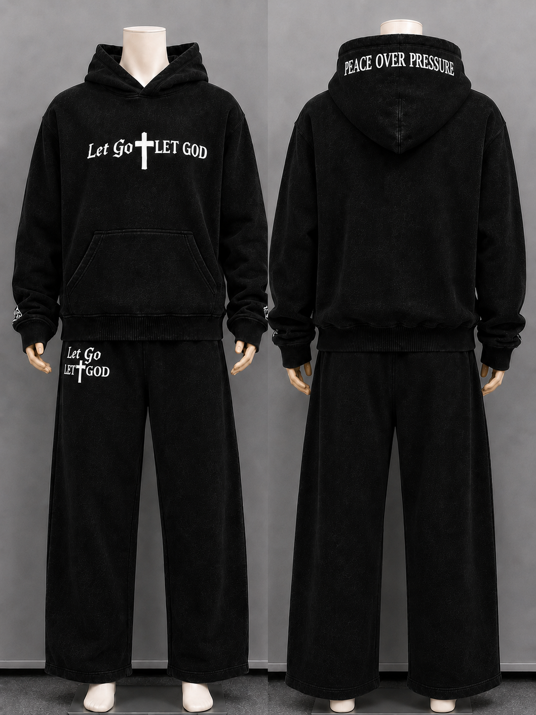 Washed black set with white fonts statement embroidered "Let Go Let God" following up with the "Peace Over Pressure".