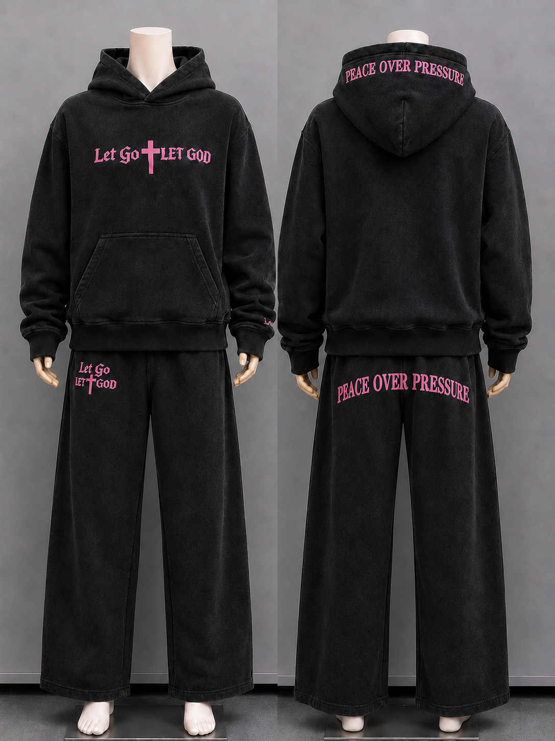 "Let Go Let God" featuring "Peace Over Pressure" black set with pink fonts!