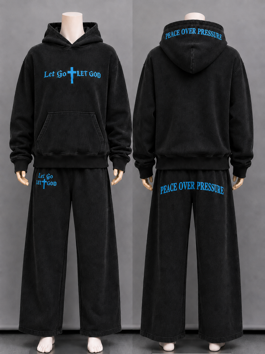 Our washed "Let Go Let God" featuring "Peace Over Pressure" black set with blue fonts!